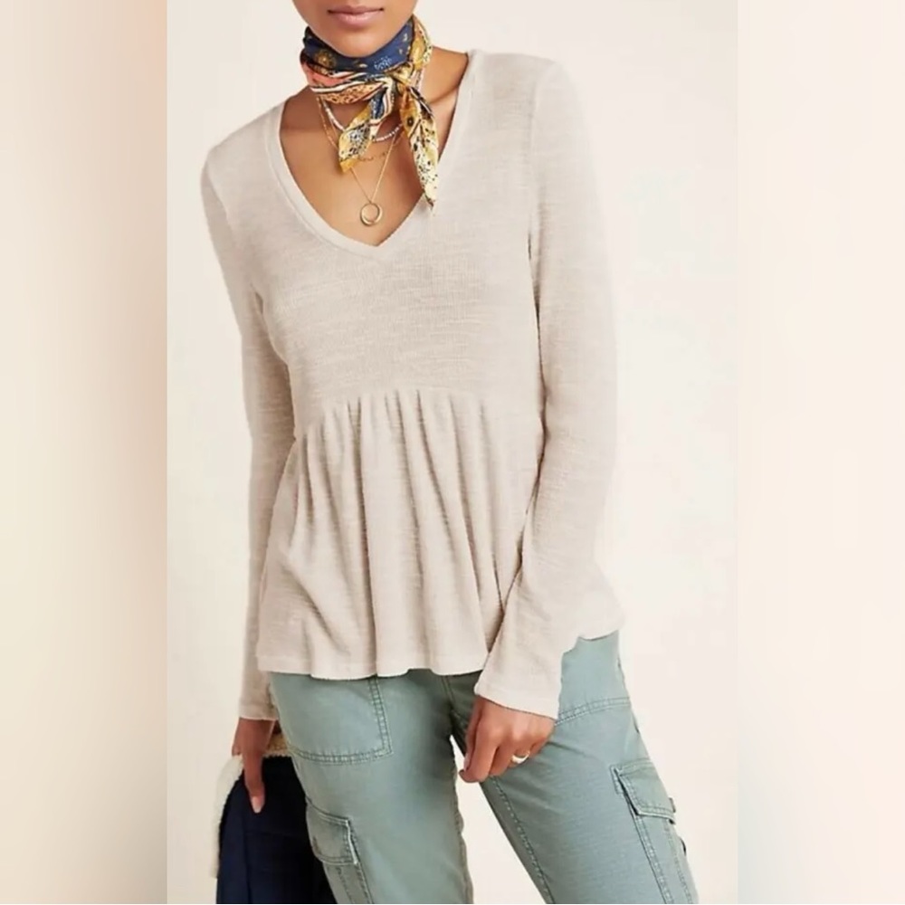 ANTHROPOLOGIE T.La WOMEN'S BEIGE V-NECK JILL BABYDOLL PEPLUM TOP‎